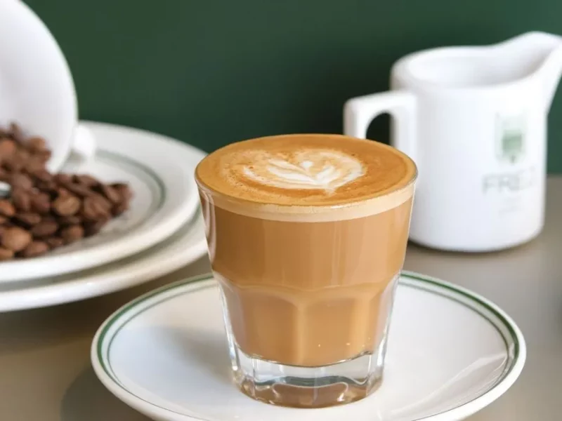 Café noisette dans un petit verre sur soucoupe, pot à lait et grains de café sur une table de café