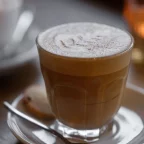 Cortado servi dans un petit verre sur soucoupe, expresso coupé d'un peu de lait chaud