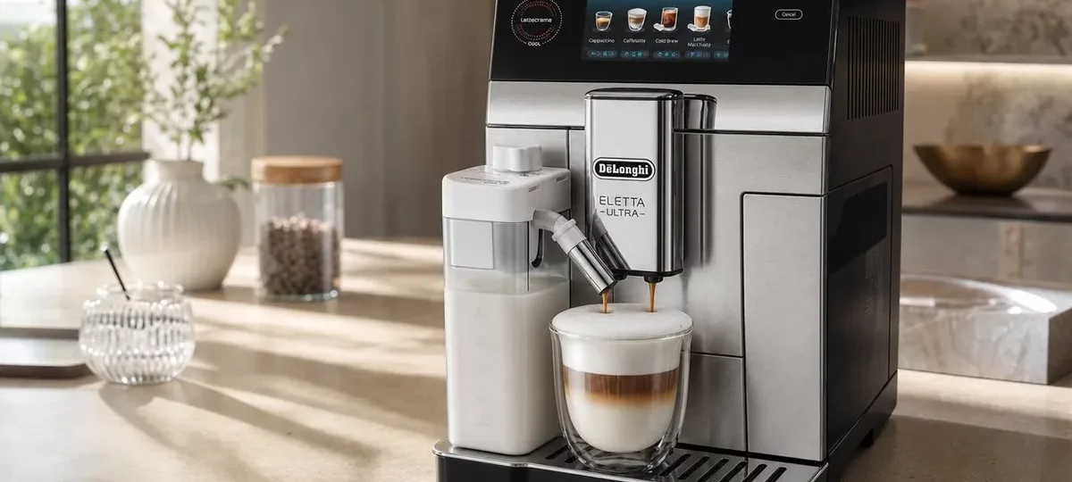 De'Longhi Eletta Ultra avec carafe LatteCrema préparant un cappuccino dans une tasse en verre, cuisine lumineuse