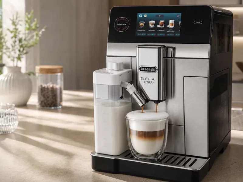 De'Longhi Eletta Ultra avec carafe LatteCrema préparant un cappuccino dans une tasse en verre, cuisine lumineuse