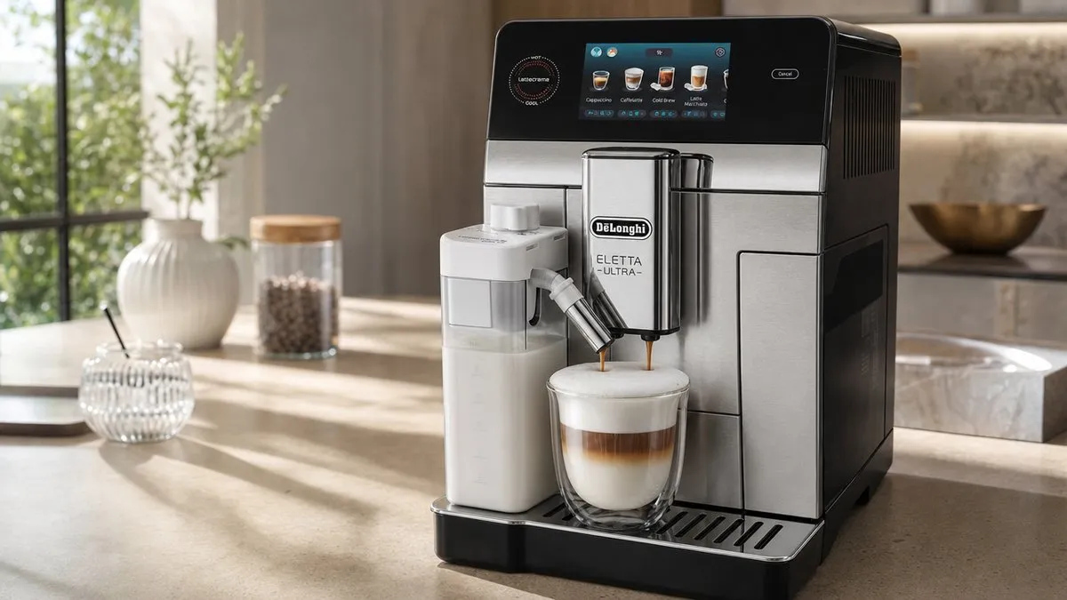 De'Longhi Eletta Ultra avec carafe LatteCrema préparant un cappuccino dans une tasse en verre, cuisine lumineuse