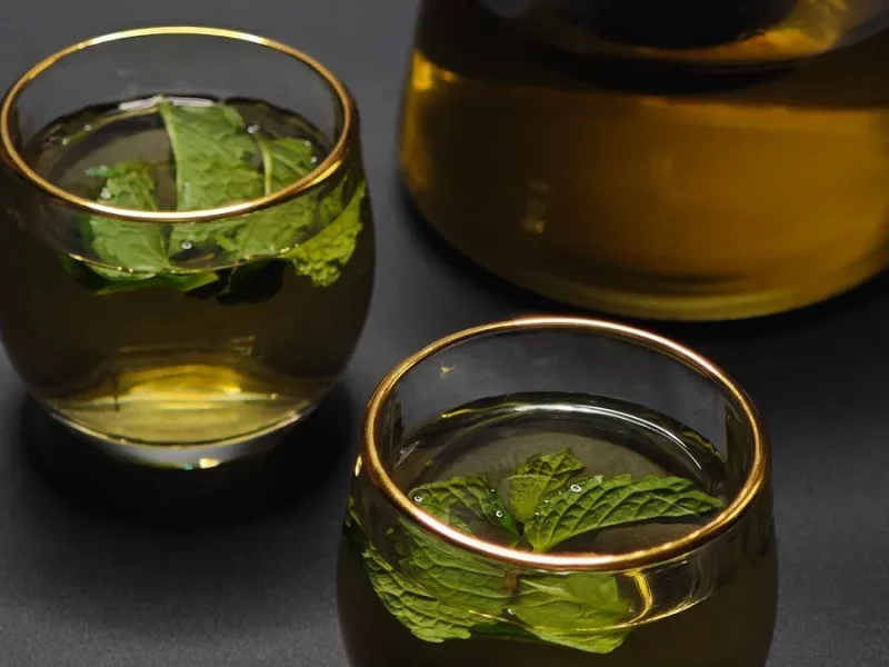 Deux verres d'infusion à la menthe fraîche et une théière en verre sur fond sombre