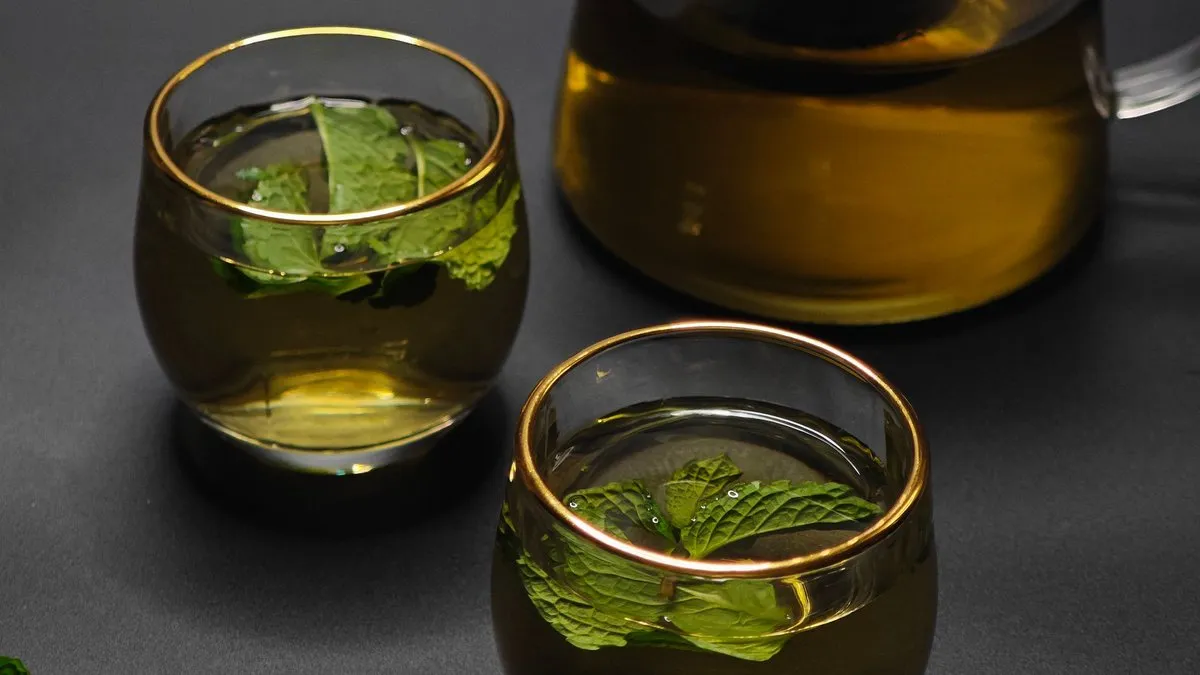 Deux verres d'infusion à la menthe fraîche et une théière en verre sur fond sombre