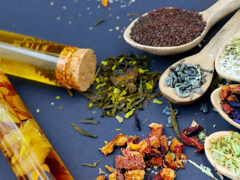 Feuilles de thé et plantes à infusion séchées dans des cuillères en bois