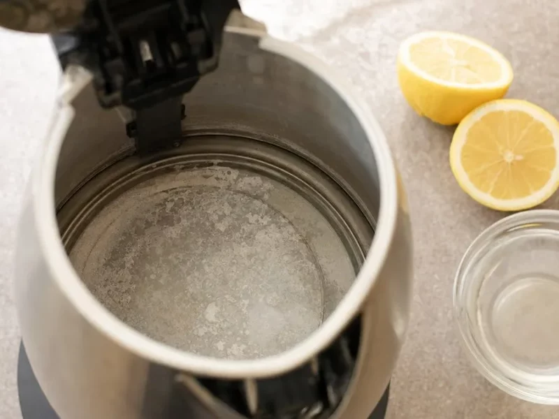 Intérieur d'une bouilloire inox couvert de calcaire, à côté d'un citron coupé et d'un bol de vinaigre blanc