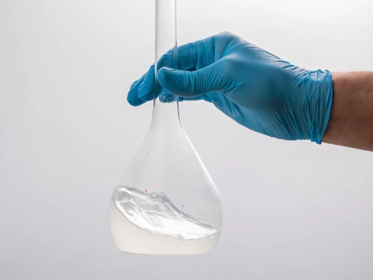 Main gantée tenant un flacon de laboratoire, contrôle des solvants de décaféination