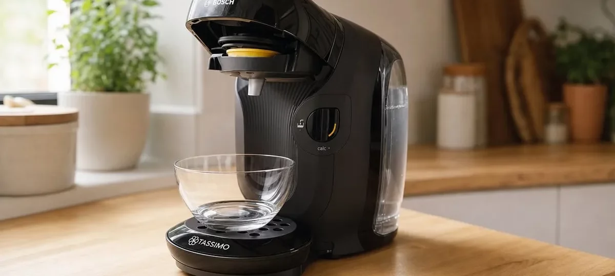 Tassimo Style avec le disque d'entretien jaune dans le logement à dosette et un bol sous le bec