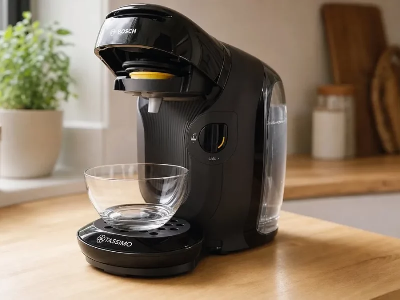 Tassimo Style avec le disque d'entretien jaune dans le logement à dosette et un bol sous le bec