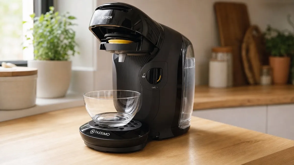 Tassimo Style avec le disque d'entretien jaune dans le logement à dosette et un bol sous le bec