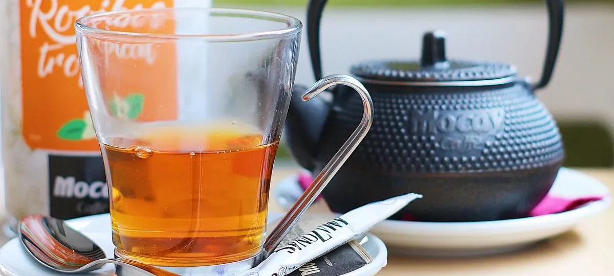 Verre de rooibos ambré devant une boîte de rooibos et une théière japonaise en fonte noire