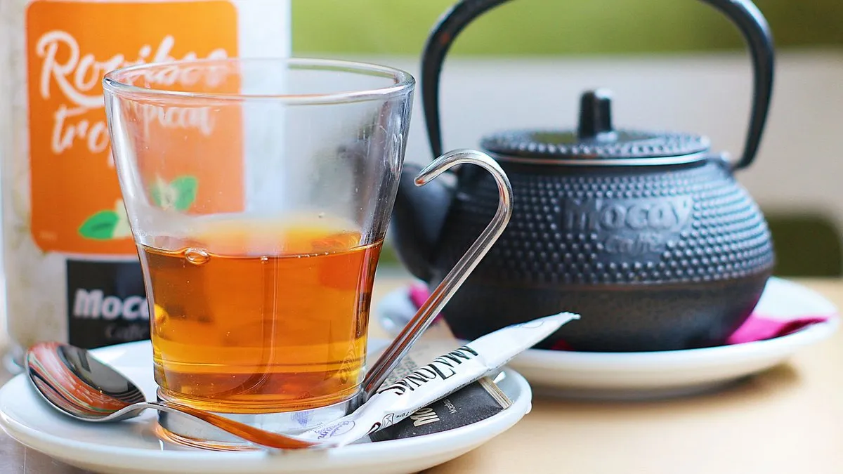 Verre de rooibos ambré devant une boîte de rooibos et une théière japonaise en fonte noire